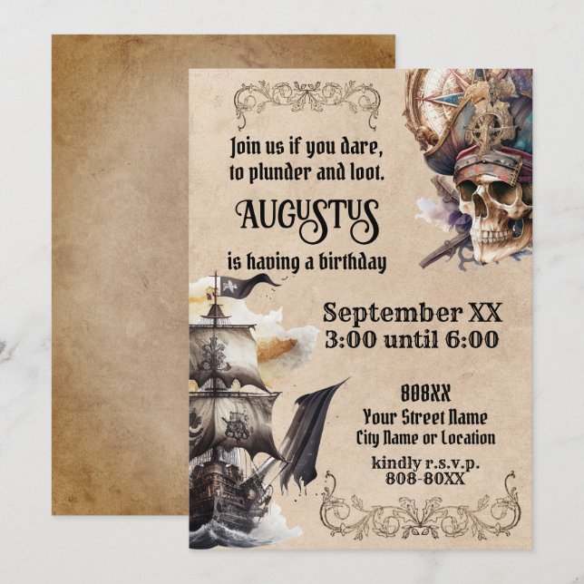 Invitation Thème Pirate vintage (Devant / Derrière)
