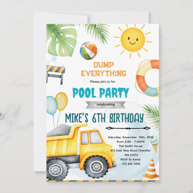 Invitation thème piscine de construction mignonne (Devant)
