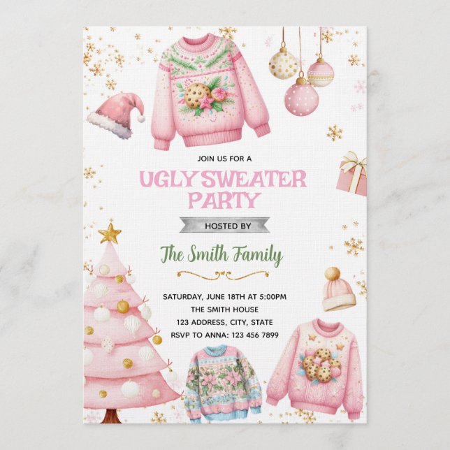 Invitation thème pull moche rose (Devant)
