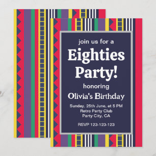Invitation Thème rayures colorées des années 80 pour fête d'a