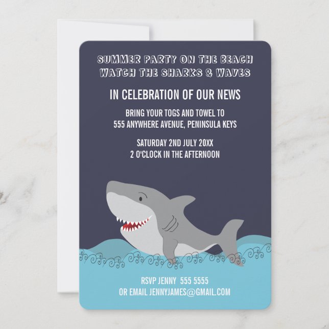 Invitation Thème Requin Mignon Été Plage Océan Fête (Devant)
