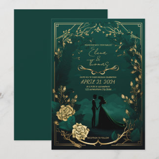 Invitation Thème romantique dans le vert émeraude et détails 