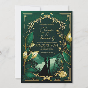 Invitation Thème romantique en Vert et Or.