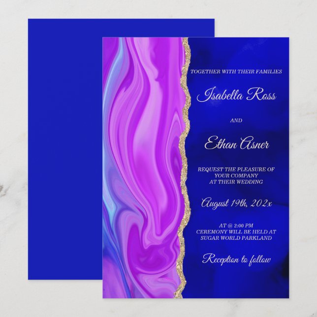 Invitation Thème Royal Blue and Purple Mariage (Devant / Derrière)