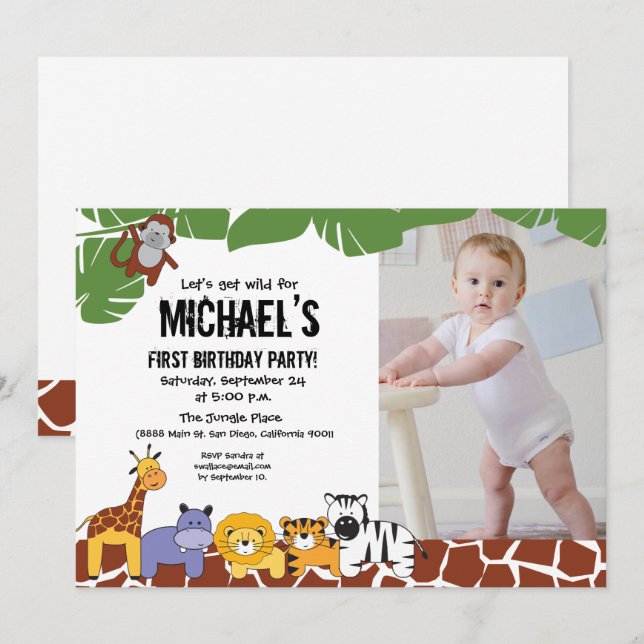 Invitation Thème Safari | Premier anniversaire | Allons-y ! (Devant / Derrière)