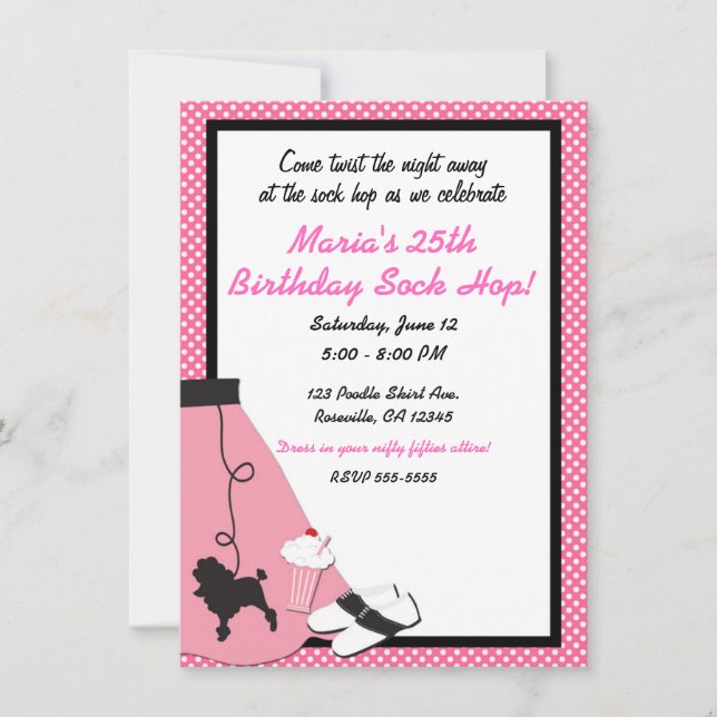 Invitation Thème soirée dansante années 50 rose (Devant)
