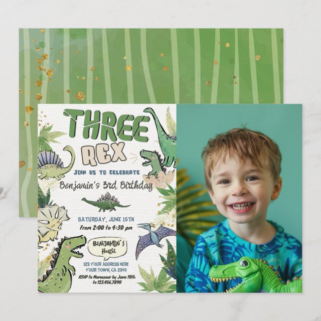 Invitation Thème Trois Dinosaures Rex (Devant / Derrière)