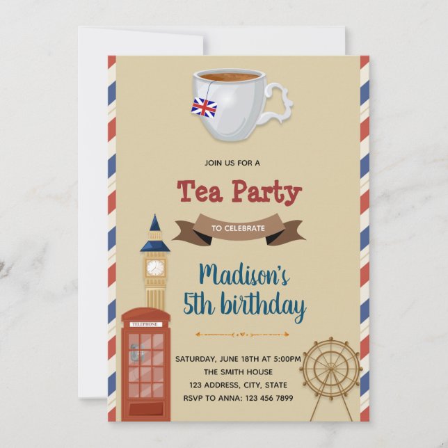 Invitation thème vintage tea party Londres (Devant)