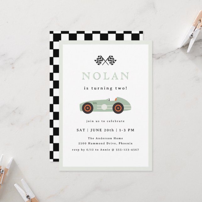 Invitation Thème Voiture Race Rétro Anniversaire (Devant/Arrière en situation)