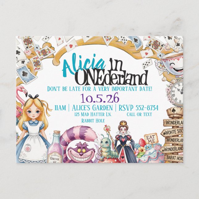 Invitation thème Wonderland pour un premier annive (Devant)