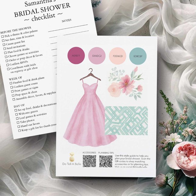 Invitation Thèmes de Fête des mariées Jardin rose et bleu Sag (Bridal shower planning guide and checklist pink and sage by Victoria Grigaliunas of Do Tell A Belle)