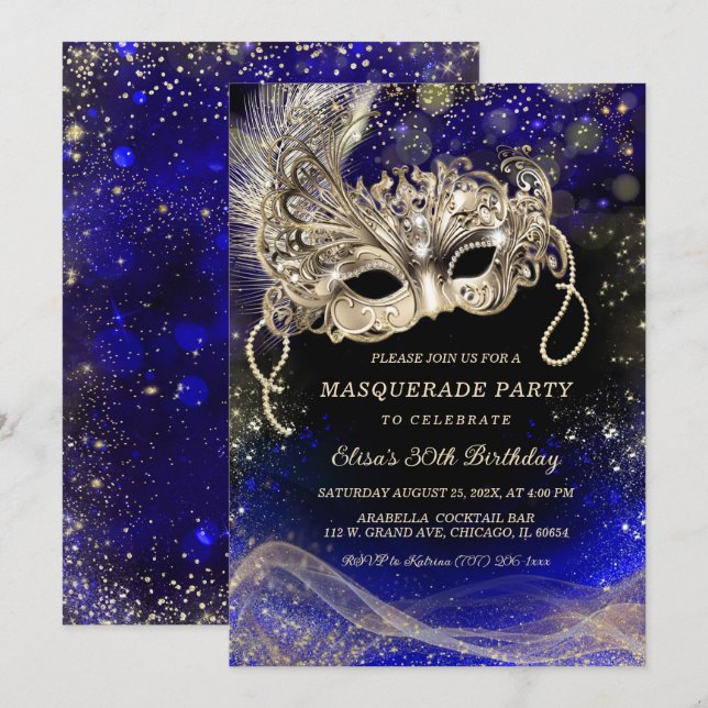 Invitation Thèmes d'or bleu modifiable pour Masquerade Party (Devant / Derrière)
