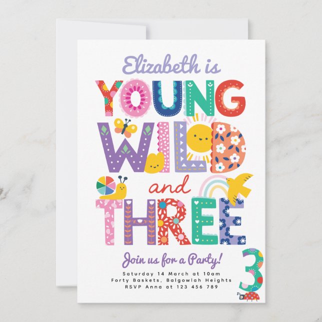 Invitation Third Birthday Invite, Rainbow, Young Wild & Three (Devant)