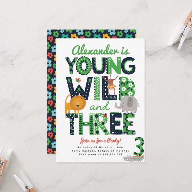 Invitation Third Birthday Invite, Young, Wild and Three Boys (Devant/Arrière en situation)