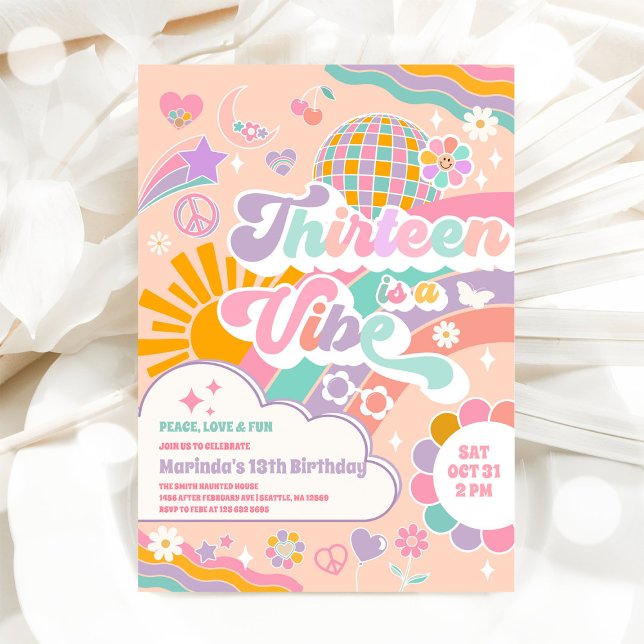 Invitation Thirteen Is A Vibe Sun Rainbow Disco 13th Birthday (Créateur téléchargé)