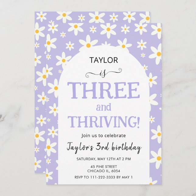 Invitation THREE and Thriving Purple Daisy 3rd Birthday (Devant / Derrière)