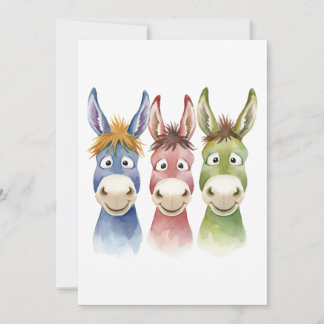 Invitation Three Colorful Cartoon Donkeys in Watercolor Style
