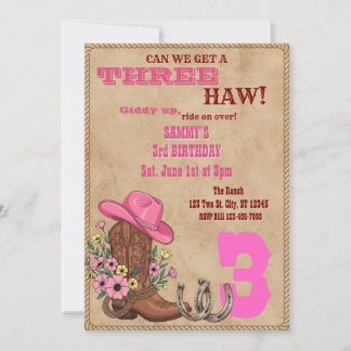 Invitation Three Haw Pink, Western 3rd Birthday