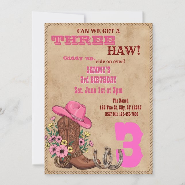 Invitation Three Haw Pink, Western 3rd Birthday (Devant)