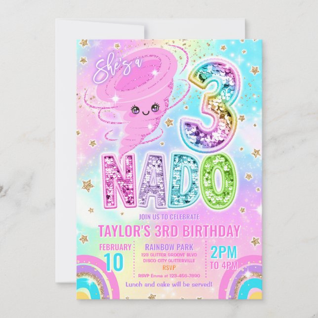 Invitation Three Nado Rainbow Glitter 3rd Birthday Party  (Devant)