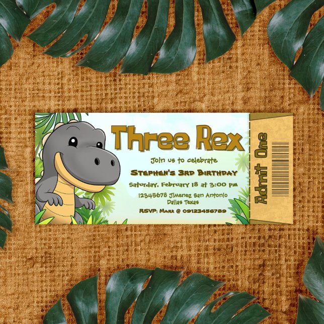 Invitation Three Rex Boy 3rd Birthday Ticket (Three Rex Boy 3rd Birthday Ticket Invitation)
