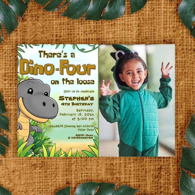 Invitation Three Rex Boy 4th Birthday with Photo (Three Rex Boy 4th Birthday with Photo Invitation)