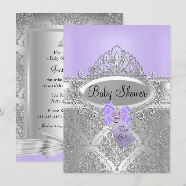 Invitation Tiara & Argent Damask Baby shower violet Invitatio (Devant / Derrière)