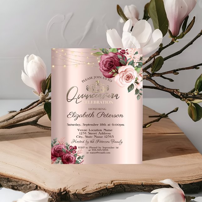Invitation Tiara, Chaîne lumière Bourgogne Roses Quinceañera (Créateur téléchargé)