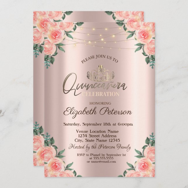 Invitation Tiara, Chaîne Rose Quinceañera (Devant / Derrière)