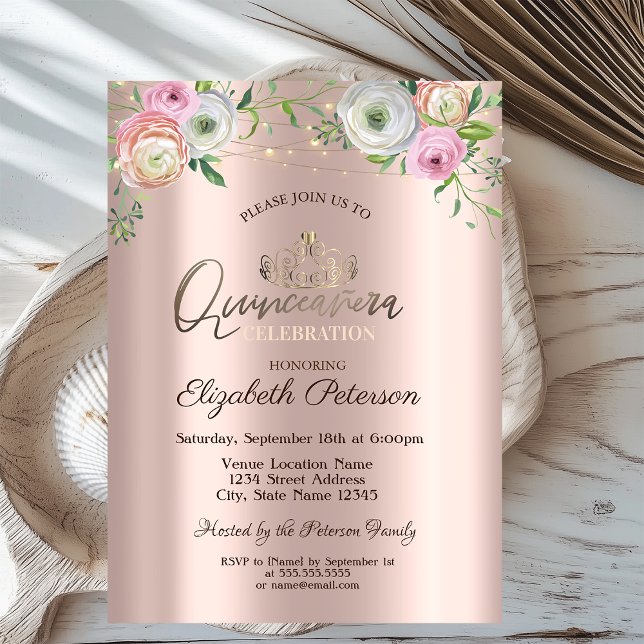 Invitation Tiara, Chic Rose Lumières à cordes Quinceañera (Créateur téléchargé)