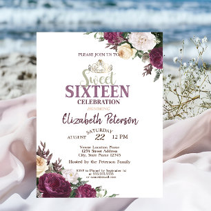 Invitation Tiara, Confetti Bourgogne Fleurs Douce 16 Partie