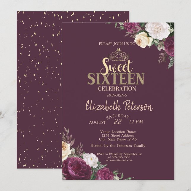 Invitation Tiara, Confetti Bourgogne Floral Sweet 16 Party (Devant / Derrière)