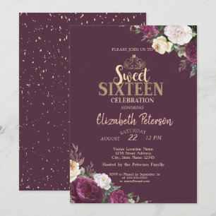 Invitation Tiara, Confetti Bourgogne Floral Sweet 16 Party