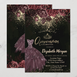 Invitation Tiara, Confetti Burgundy Fleurs Robe Quinceañera