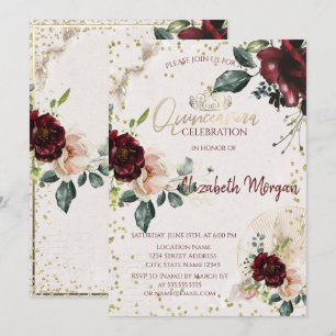 Invitation Tiara, Diamants Bourgogne Roses Quinceañera