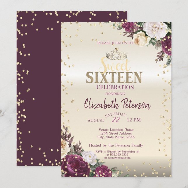 Invitation Tiara, Diamants Floraux Bourgogne Sweet 16 Partie (Devant / Derrière)