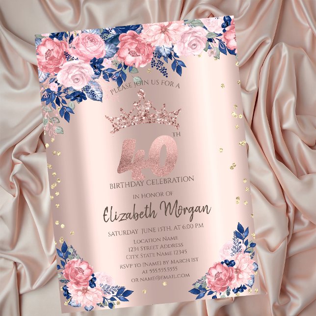 Invitation Tiara Diamonds Bleu Rose Rose Or 40e anniversaire (Créateur téléchargé)