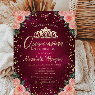 Invitation Tiara d'or, Diamants Bourgogne Floral Quinceañera