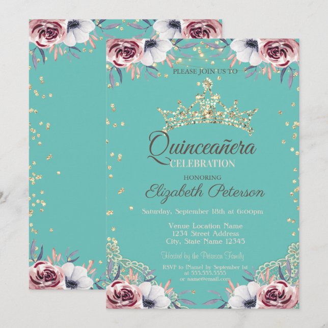 Invitation Tiara d'or, Diamants Fleurs Mint Green Quinceañera (Devant / Derrière)