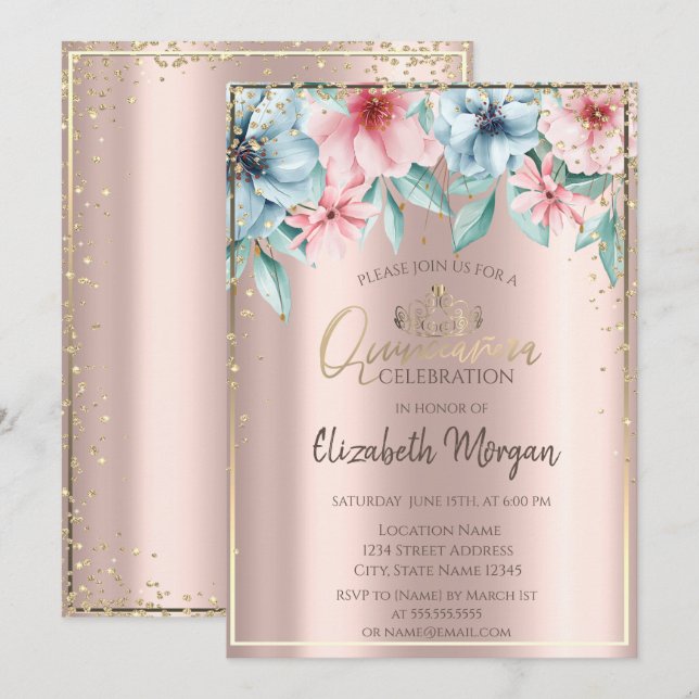 Invitation Tiara d'or, Diamants, Floral Rose or Quinceañera (Devant / Derrière)