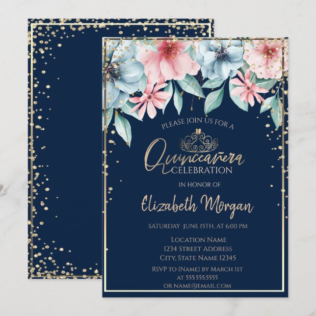 Invitation Tiara d'or, Diamants, Quinceañera florale (Devant / Derrière)