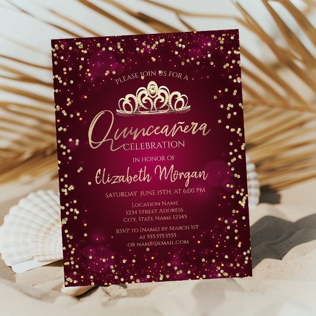 Invitation Tiara d'or élégant, Diamonds Bourgogne Quinceañera (Créateur téléchargé)
