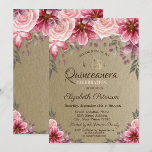 Invitation Tiara d'or, Fleurs à cordes Kraft Quinceañera