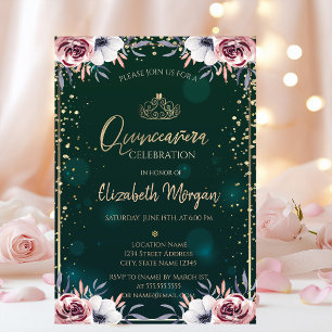 Invitation Tiara d'or vert, Fleurs de diamants Quinceañera