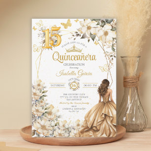 Invitation Tiara doré Fleurs Beige Papillons Quinceañera