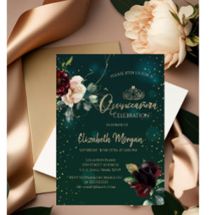 Invitation Tiara doré, Fleurs bordeaux sur fond vert pour Qui