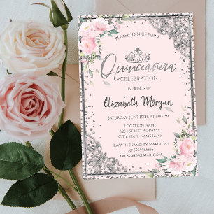 Invitation Tiara en argent chic, Fleurs roses diamants Quince