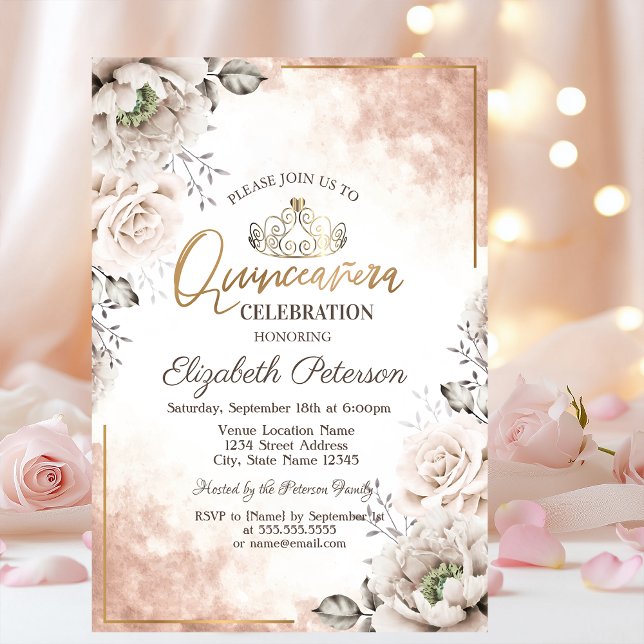 Invitation Tiara, Fleurs blanches Quinceañera (Créateur téléchargé)