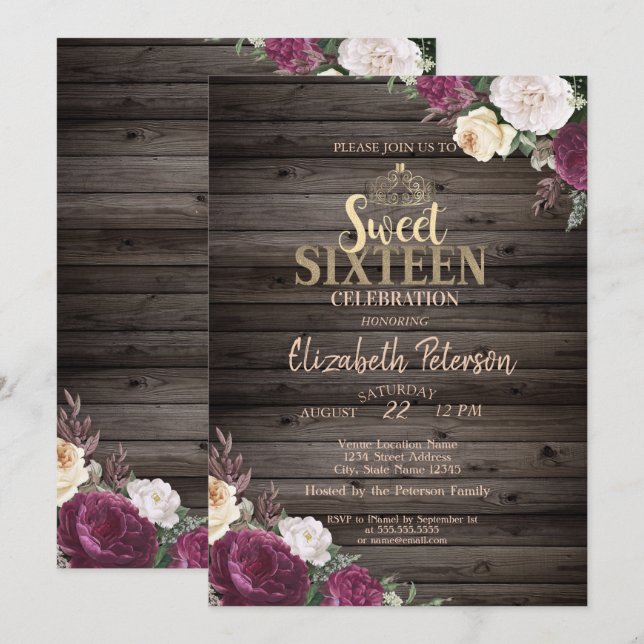 Invitation Tiara, Fleurs Bourgogne Bois Rustique Doux 16 Part (Devant / Derrière)