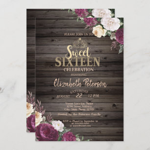 Invitation Tiara, Fleurs Bourgogne Bois Rustique Doux 16 Part